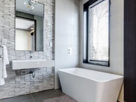 White Modern Interior Design of Bathroom Floating Vanities