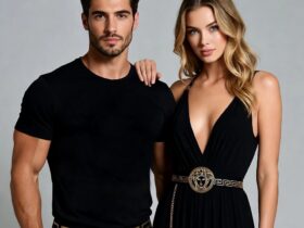 Couple wearing stylish outfits...10 Must-Have Versace Pieces for Luxury Fashion Lovers #Versace, #LuxuryShopping, #HighFashion, #DesignerBrands, #LuxuryGuide, #ItalianLuxury, #BevHillsMag, #BeverlyHills, #BeverlyHillsMagazine, #LuxuryLifestyle