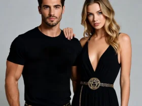 Couple wearing stylish outfits...10 Must-Have Versace Pieces for Luxury Fashion Lovers #Versace, #LuxuryShopping, #HighFashion, #DesignerBrands, #LuxuryGuide, #ItalianLuxury, #BevHillsMag, #BeverlyHills, #BeverlyHillsMagazine, #LuxuryLifestyle