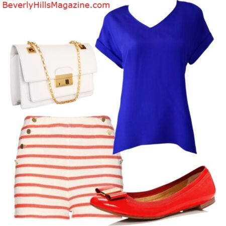 American Summer Style #AmericanSummerStyle #PatrioticChic #StripedShorts #SummerOutfit #BlueTop #RedFlats #CasualChic #BevHillsMag #BeverlyHills #BeverlyHillsMagazine