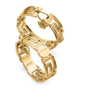 Versace Gold Hoop Earrings. BUY NOW!!! #bevhillsmag #beverlyhills #beverlyhillsmagazine #versace #versacegoldhoopearrings #hoopearrings #goldearrings