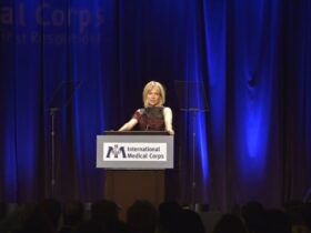 Sienna Miller speaks at the International Medical Corps Annual Awards