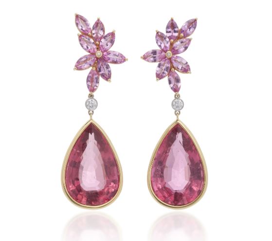 Goshwara 18K Gold Pink Sapphire Rubellite and Diamond Earrings